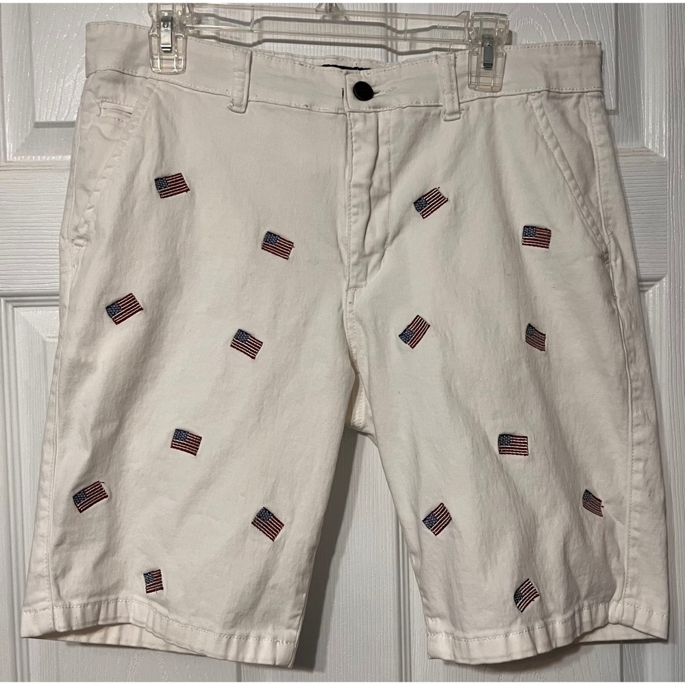 Dirty Laundry Mens White American Flag Embroidered Chino Shorts Sz 34 Patriotic